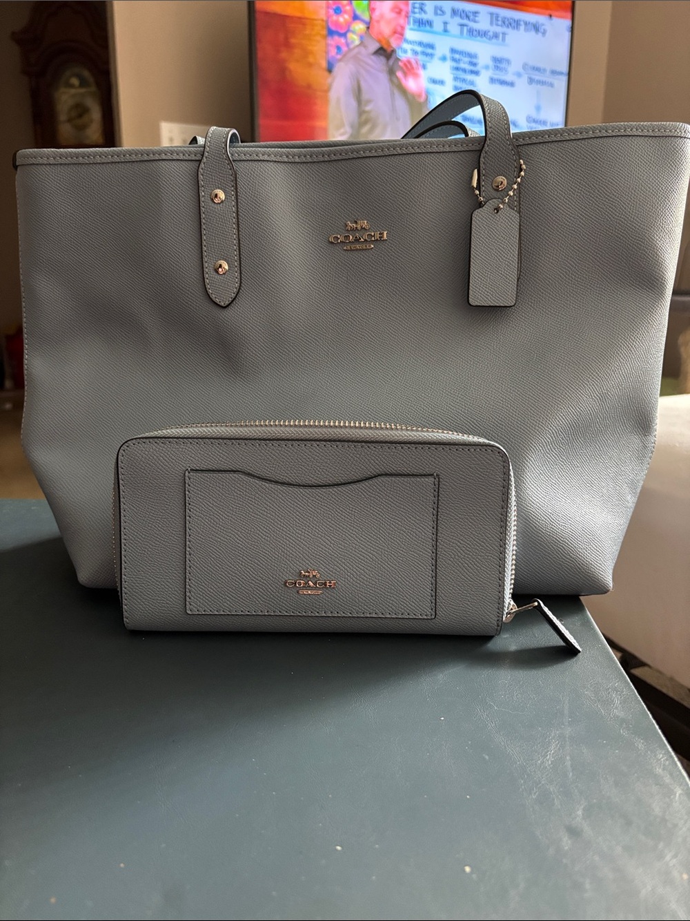 Coach Light light blue Pebbled Leather Tote with Zip Wallet